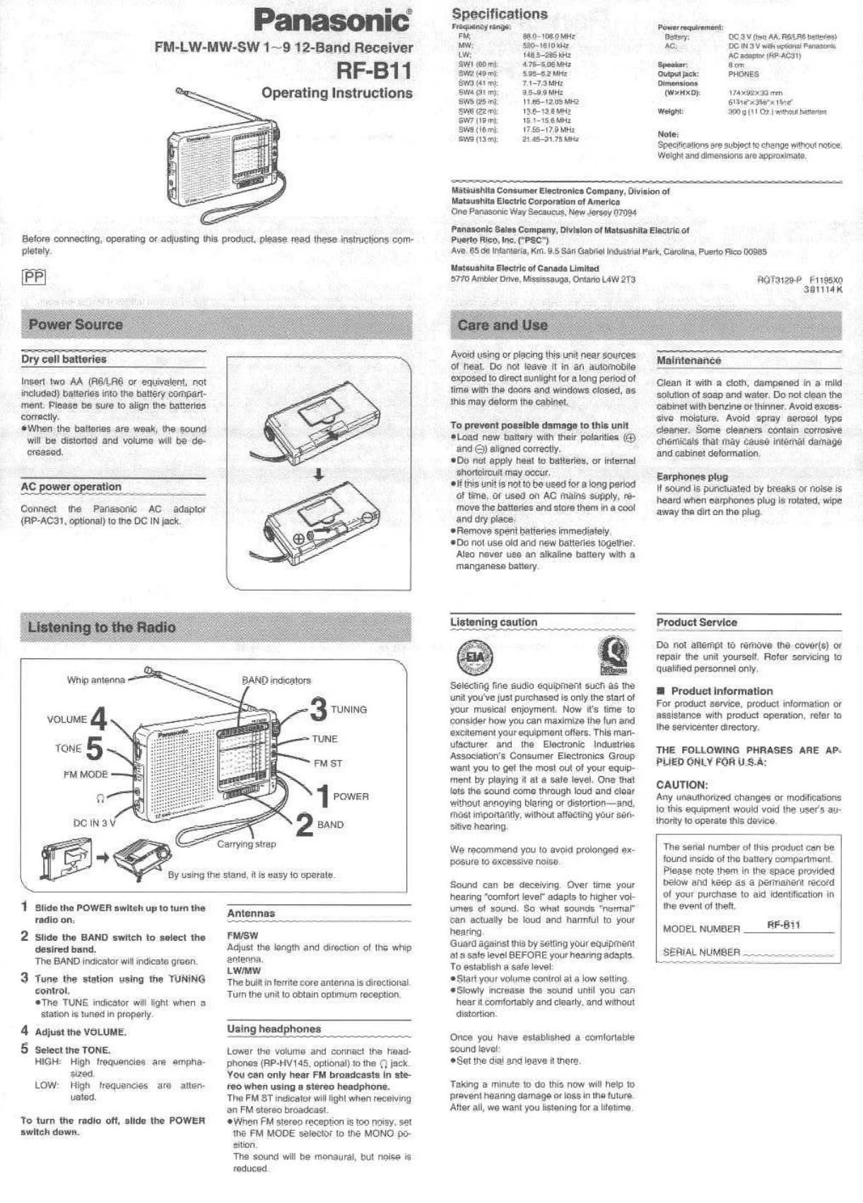 panasonic rf b 11 owners manual