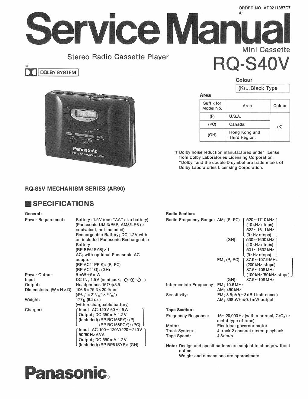 panasonic rq s 40 v service manual