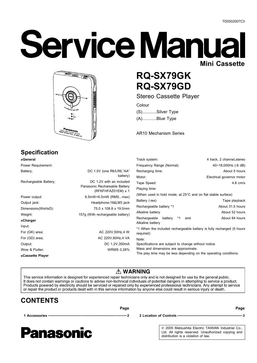 panasonic rq sx 79 gk service manual