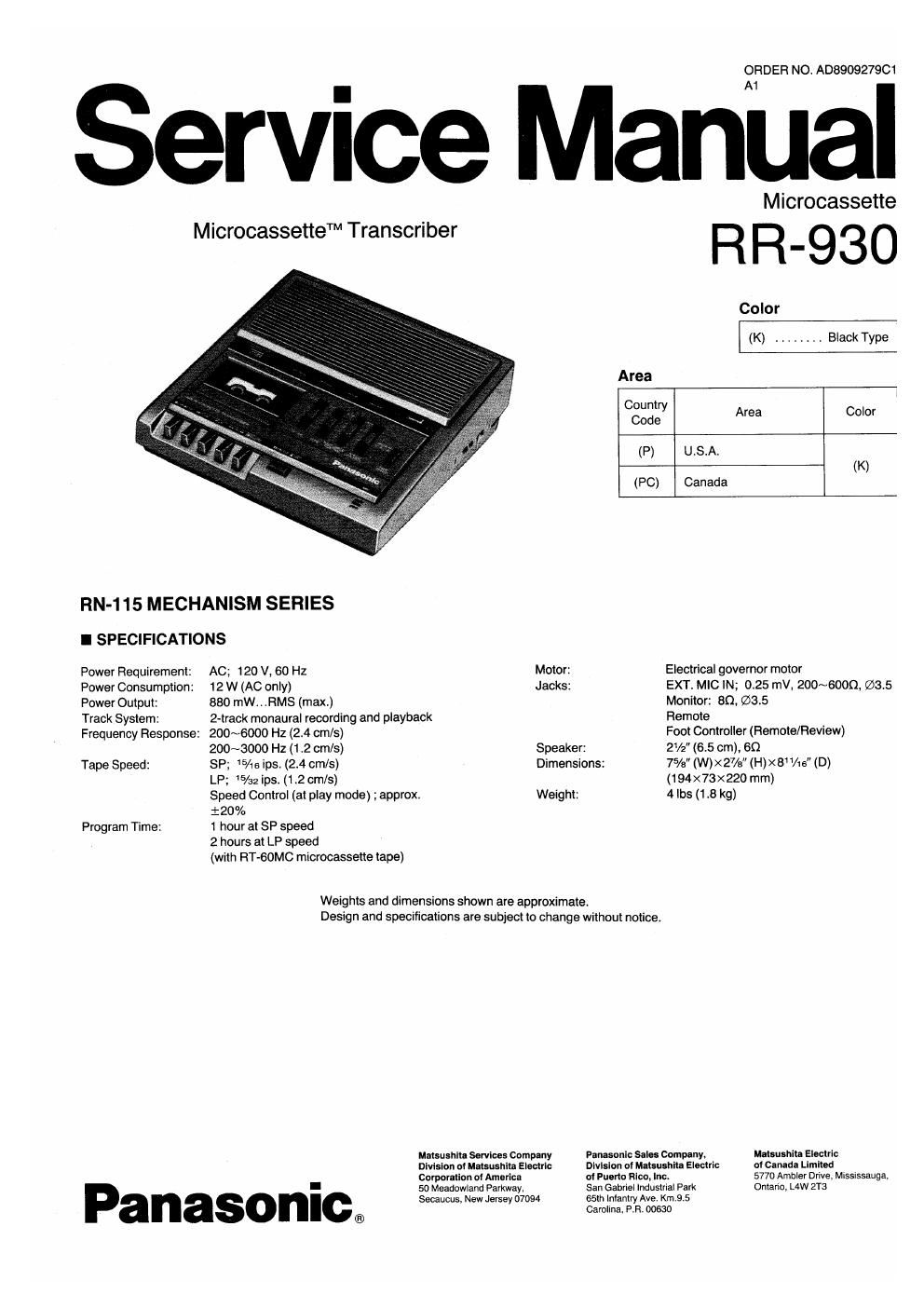 panasonic rr 930 service manual