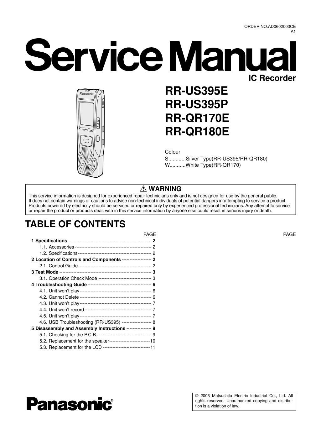 panasonic rr qr 170 e service manual