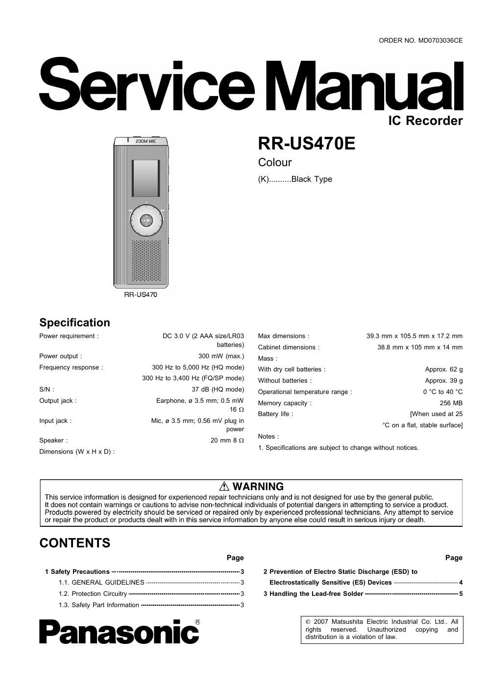 panasonic rr us 470 e service manual