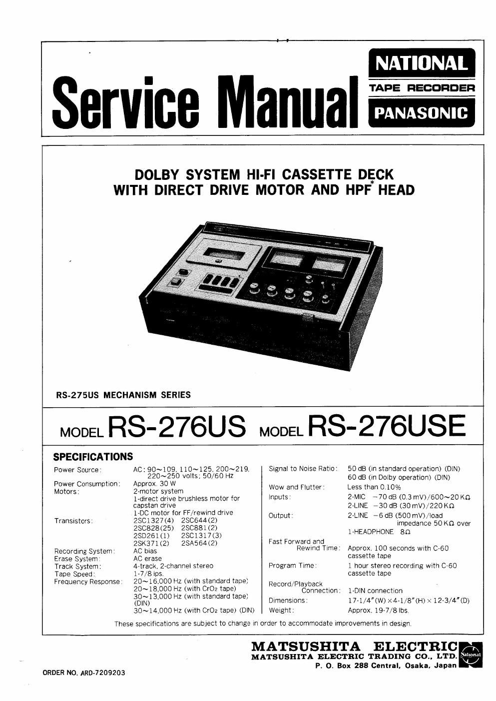 panasonic rs 276 us service manual