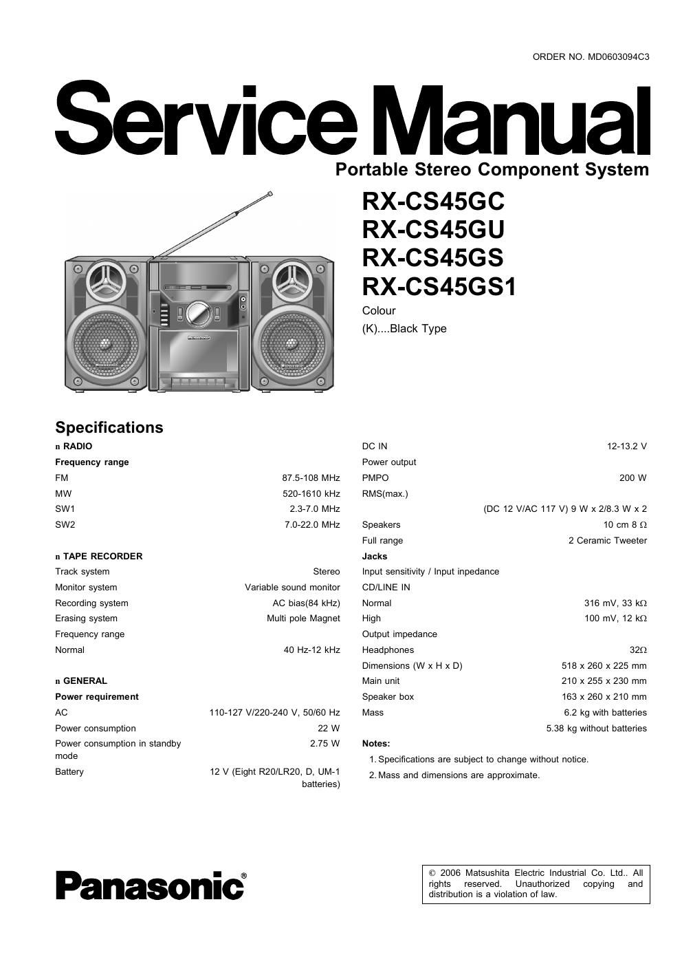 panasonic rx cs 45 gc service manual