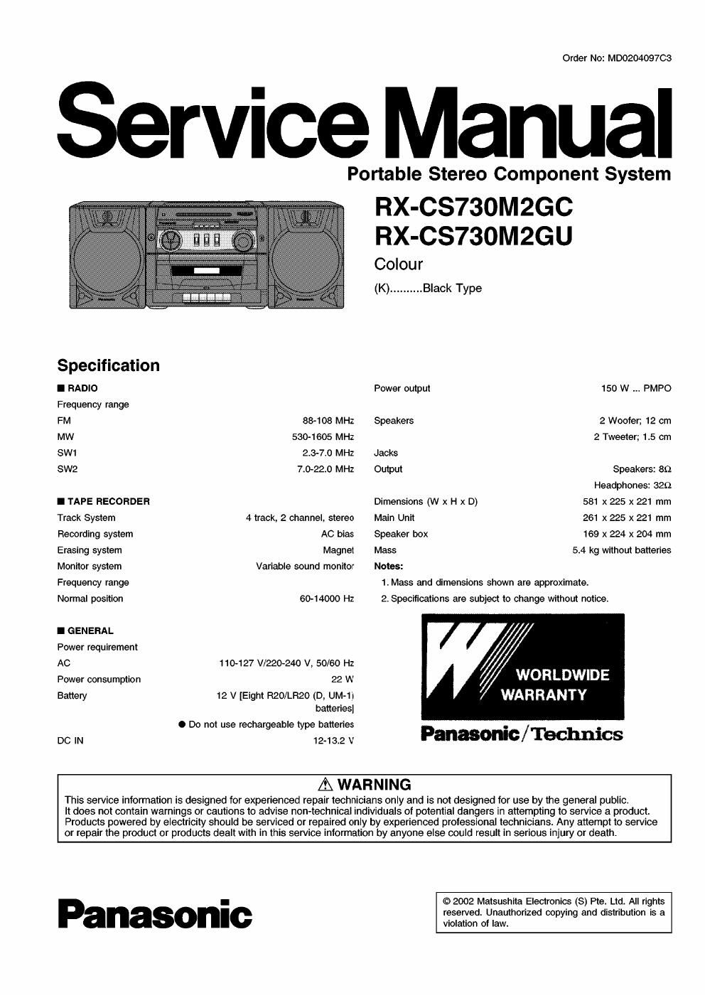 panasonic rx cs 730 m 2 gc service manual