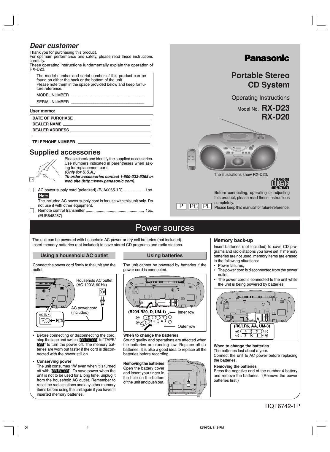 panasonic rx d 20 owners manual