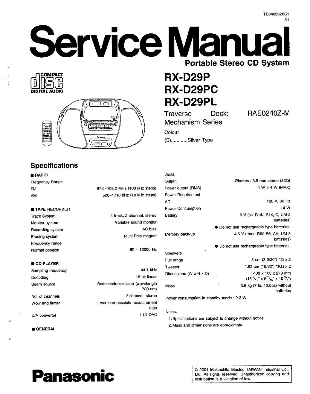 panasonic rx d 29 service manual