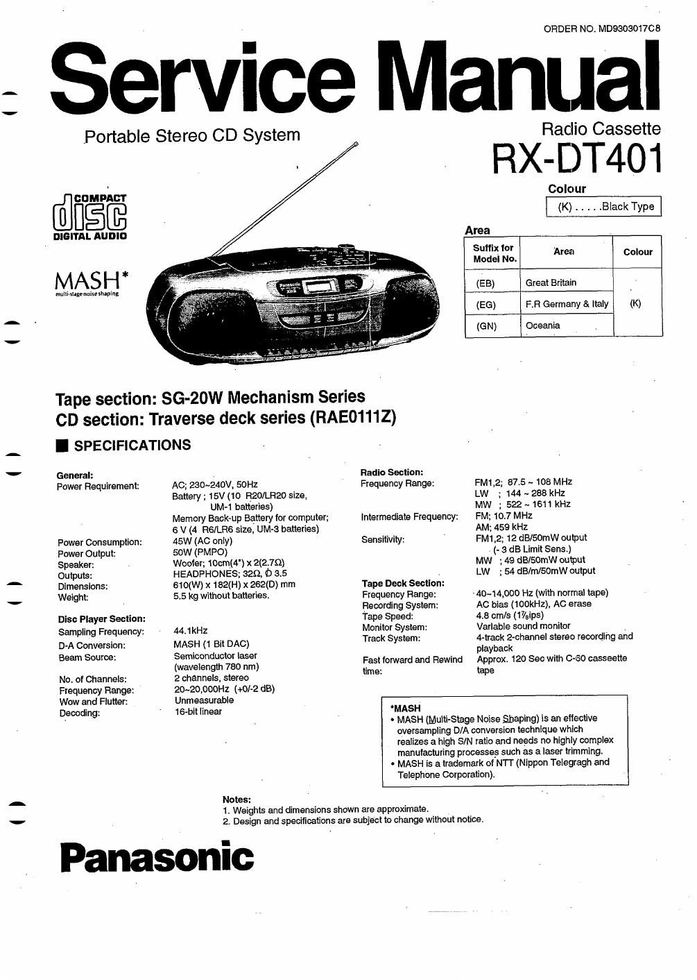 panasonic rx dt 401 service manual