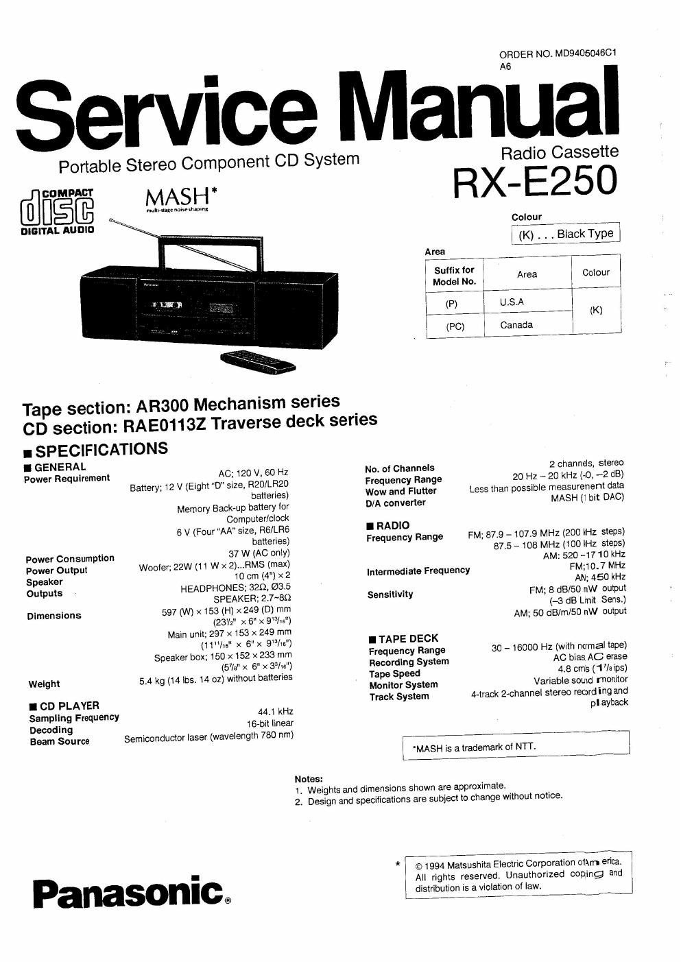 panasonic rx e 250 service manual