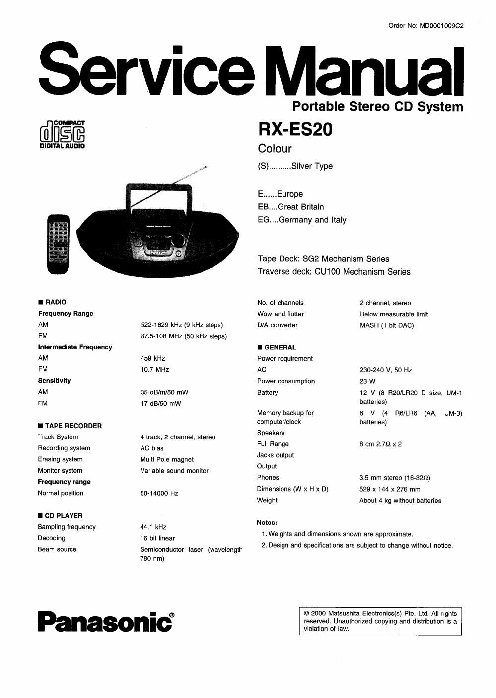 panasonic rx es 20 service manual