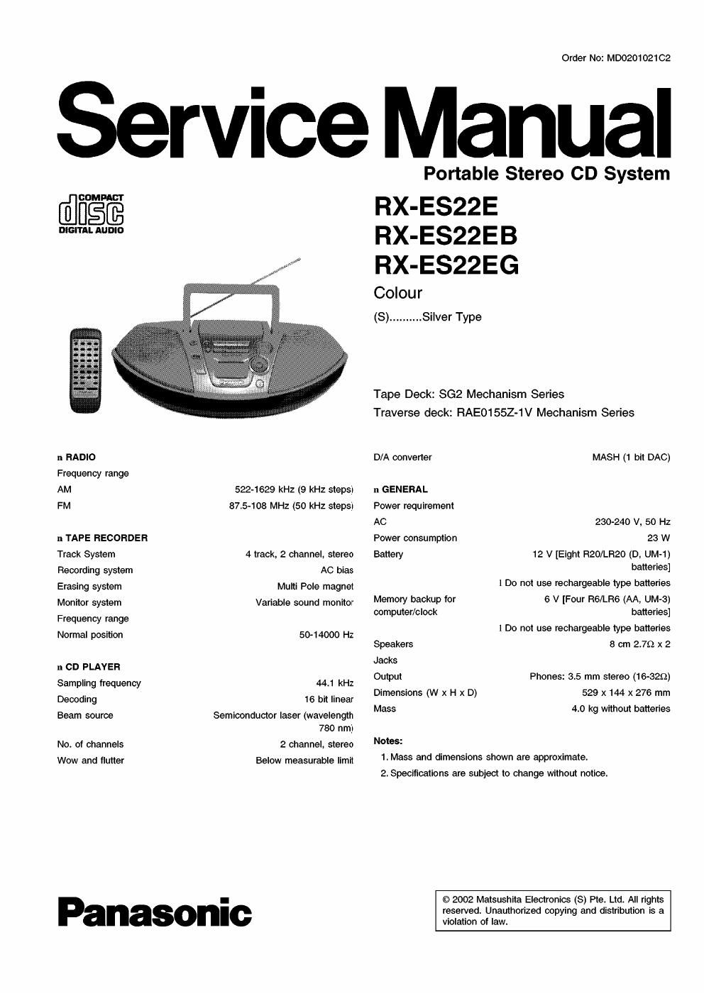 panasonic rx es 22 eb service manual
