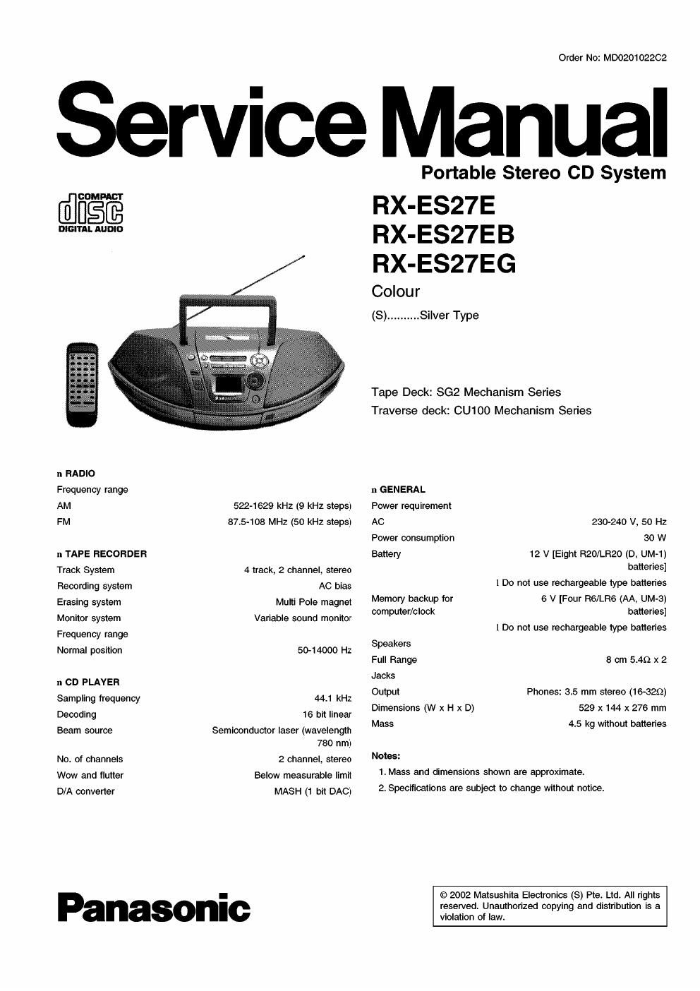 panasonic rx es 27 eg service manual