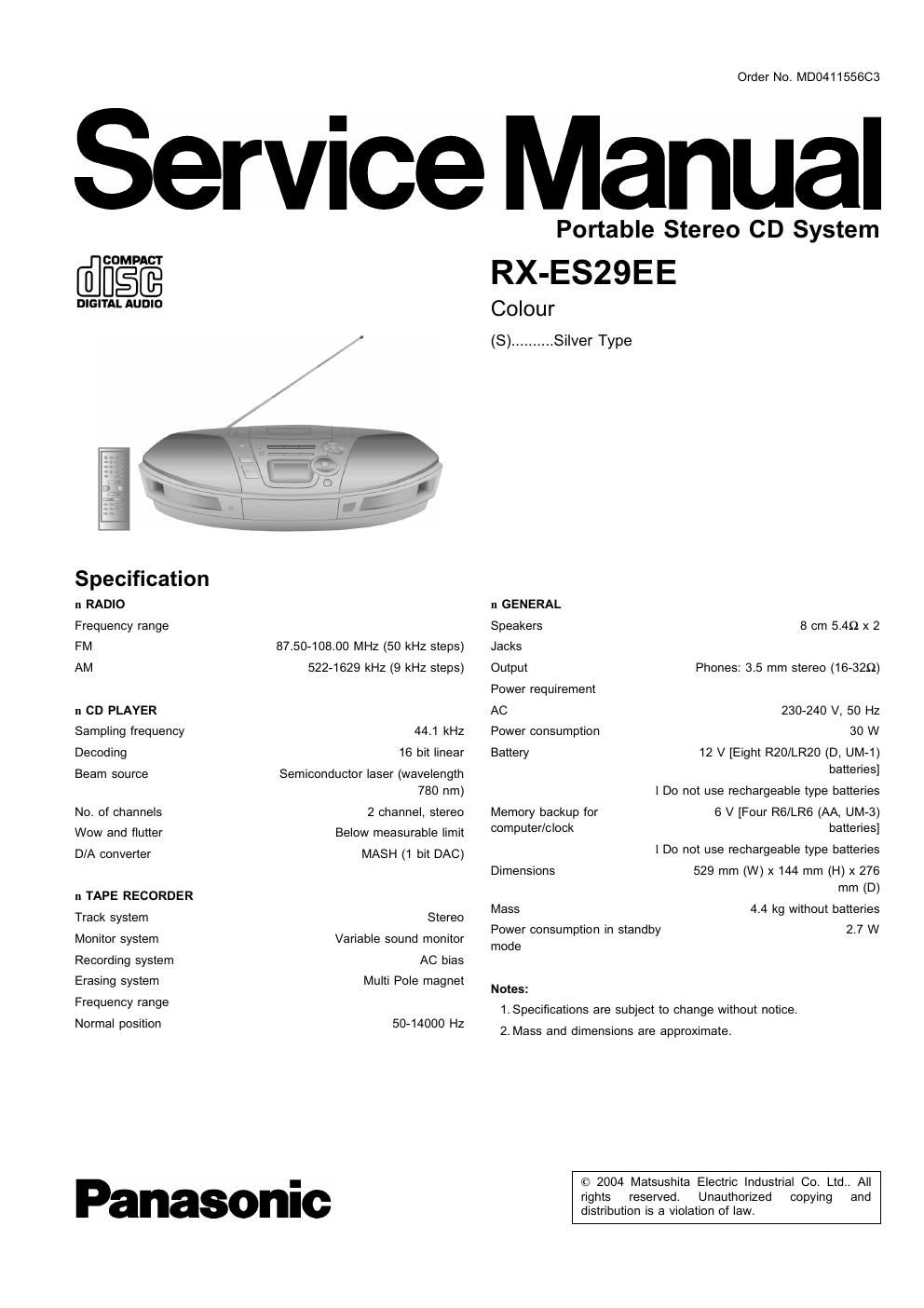 panasonic rx es 29 ee service manual