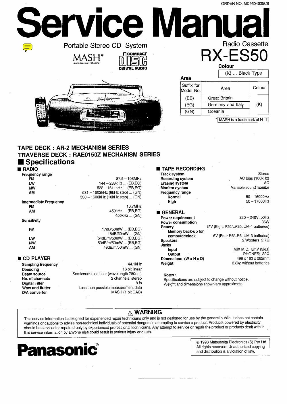 panasonic rx es 50 service manual