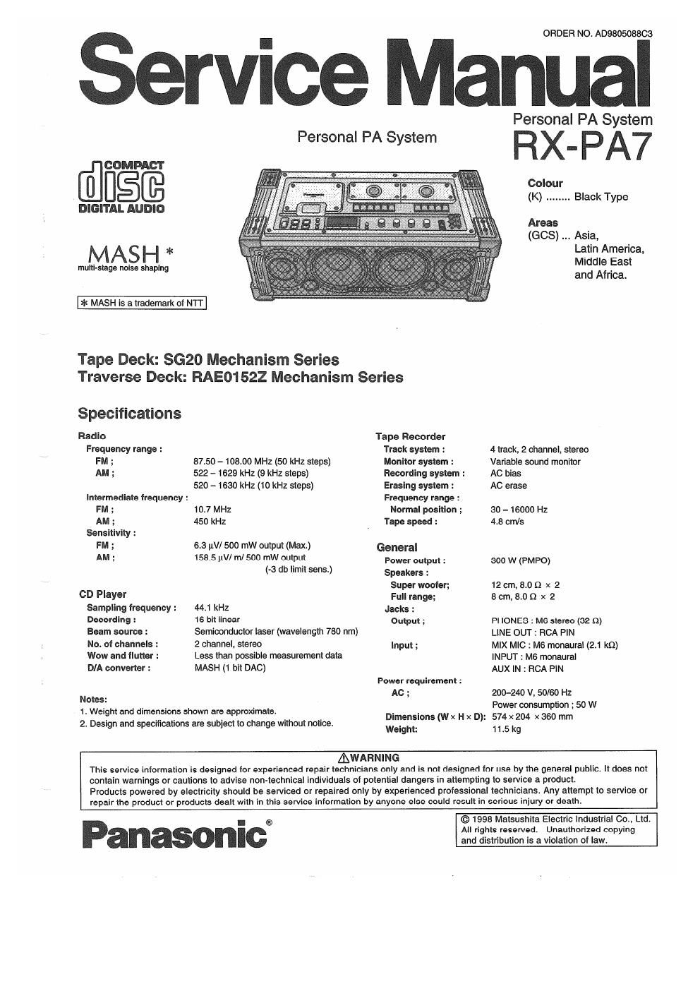 panasonic rx pa 7 service manual