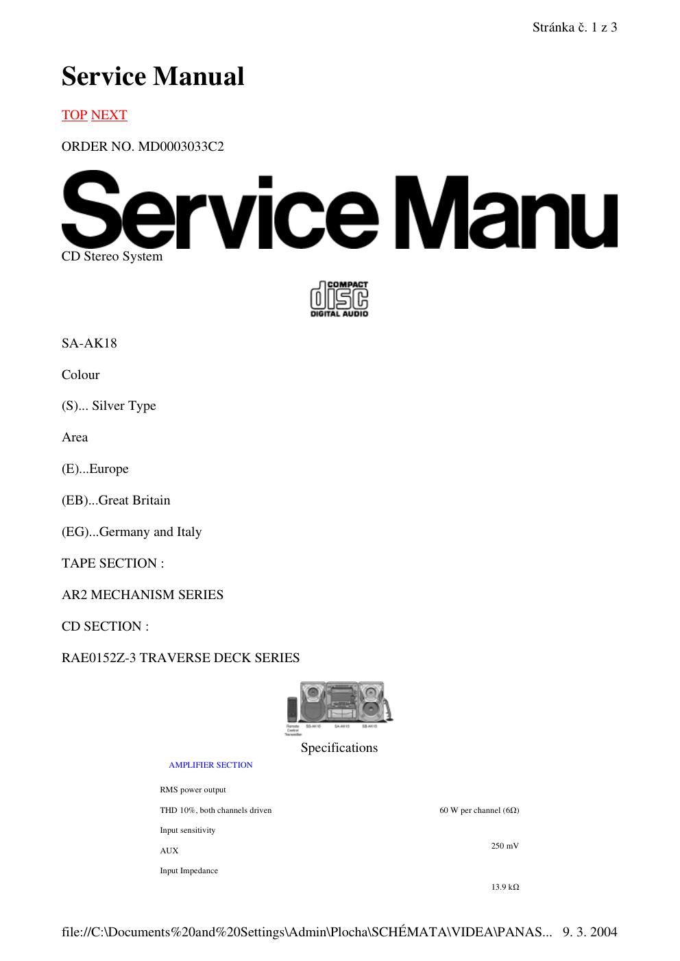 panasonic sa ak 18 service manual
