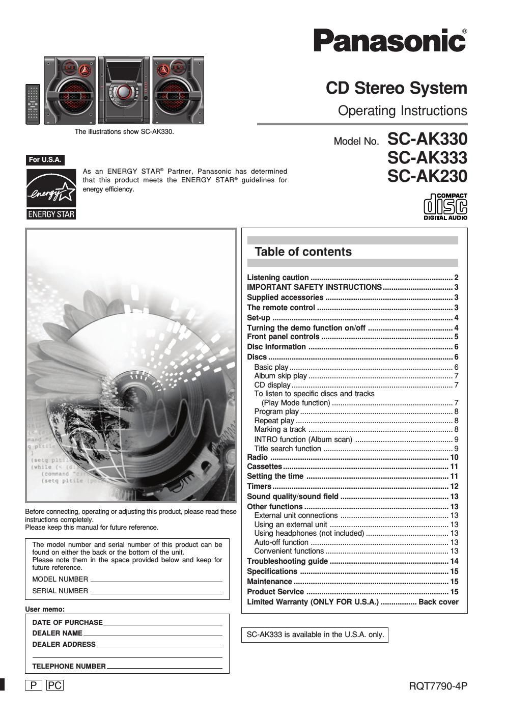 panasonic sa ak 230 owners manual