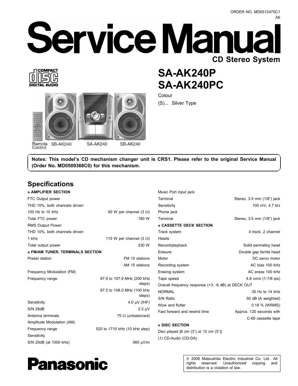 panasonic sa ak 240 pc service manual