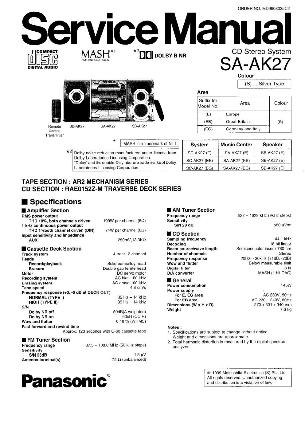 panasonic sa ak 27 service manual