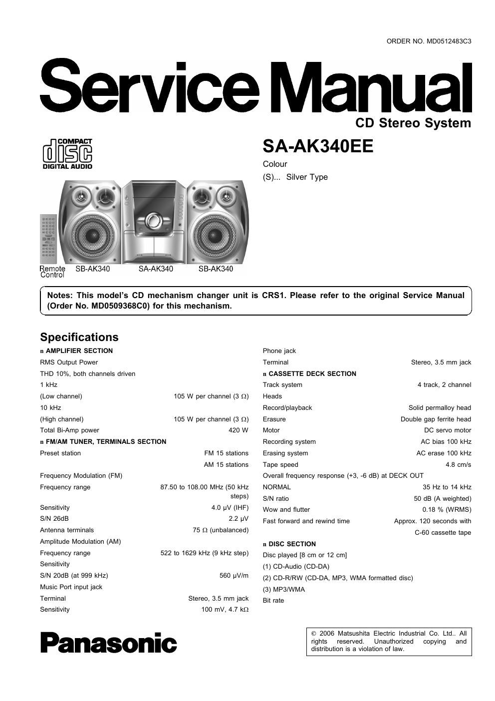 panasonic sa ak 340 ee service manual