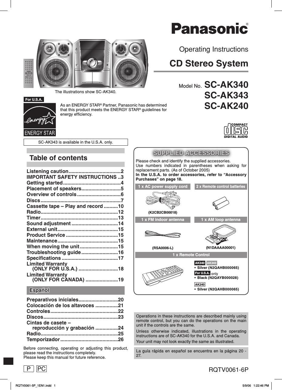 panasonic sa ak 340 owners manual