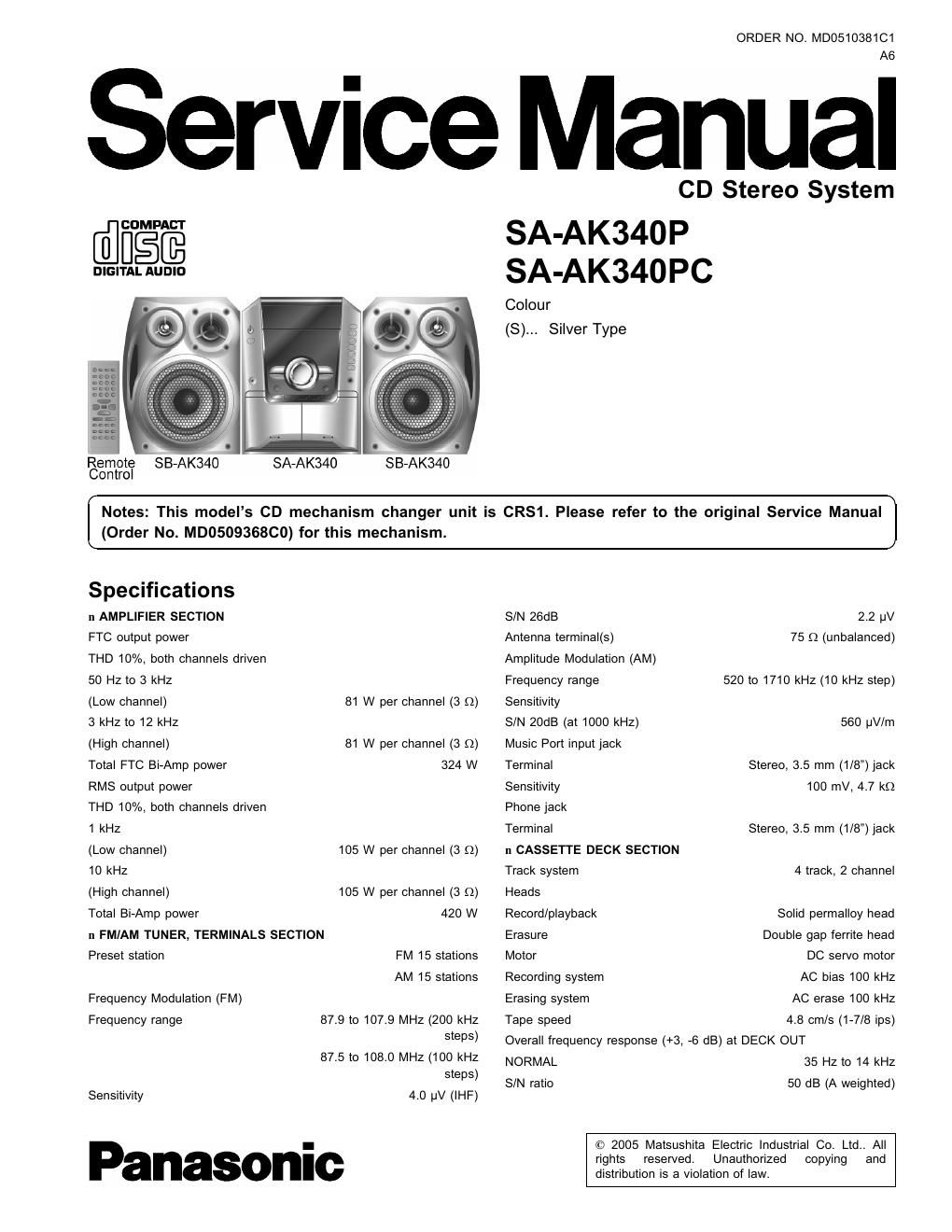 panasonic sa ak 340 p service manual