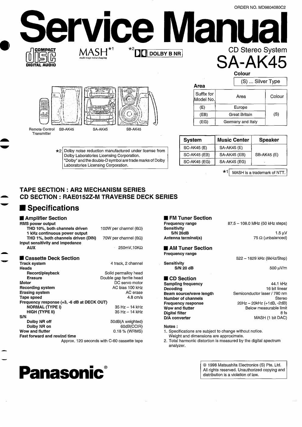 panasonic sa ak 45 service manual