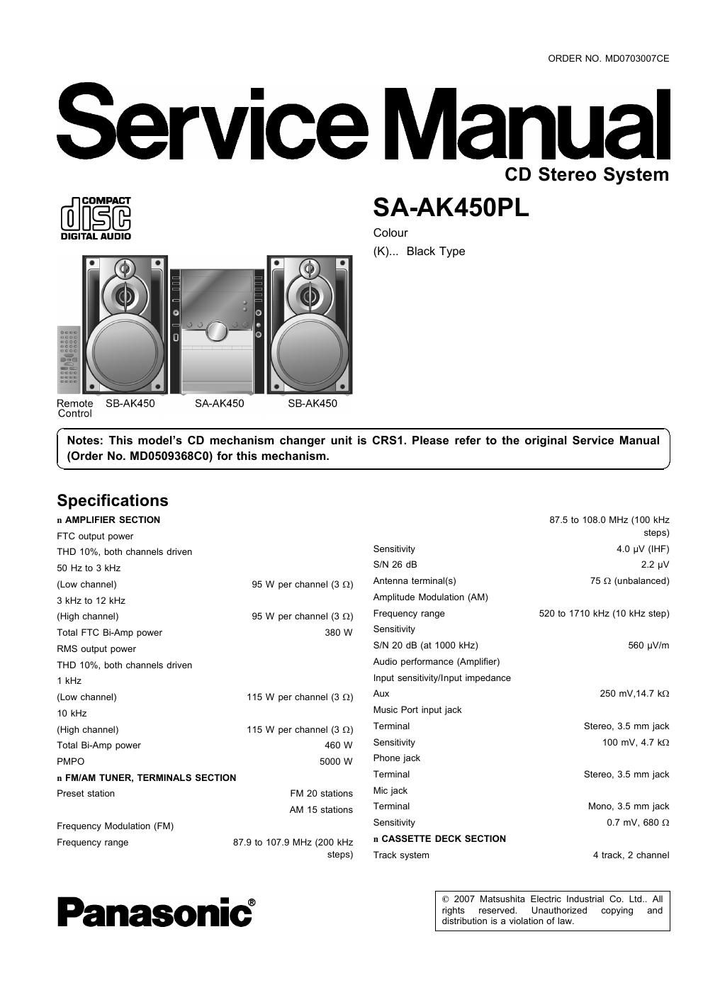 panasonic sa ak 450 pl service manual