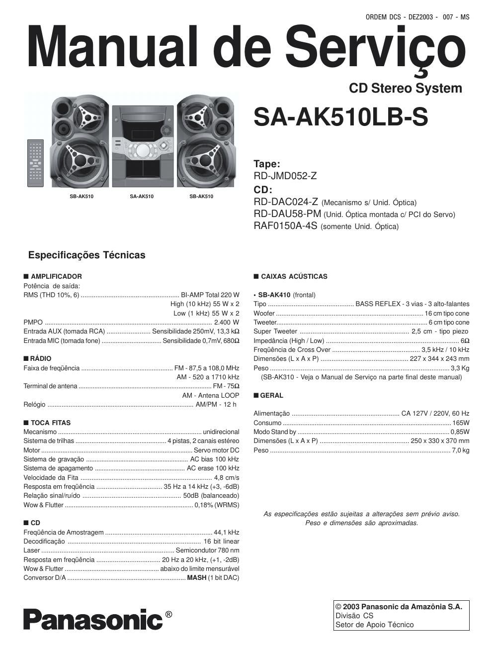 panasonic sa ak 510 lbs service manual