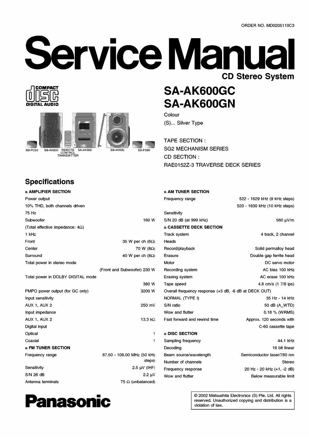 panasonic sa ak 600 gc service manual