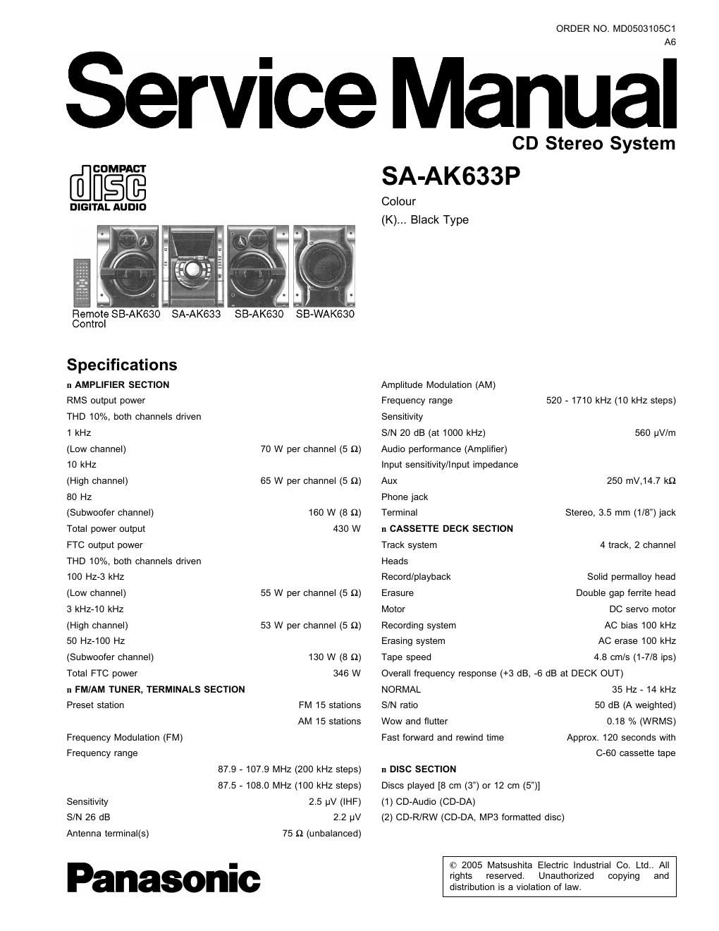 panasonic sa ak 633 p service manual