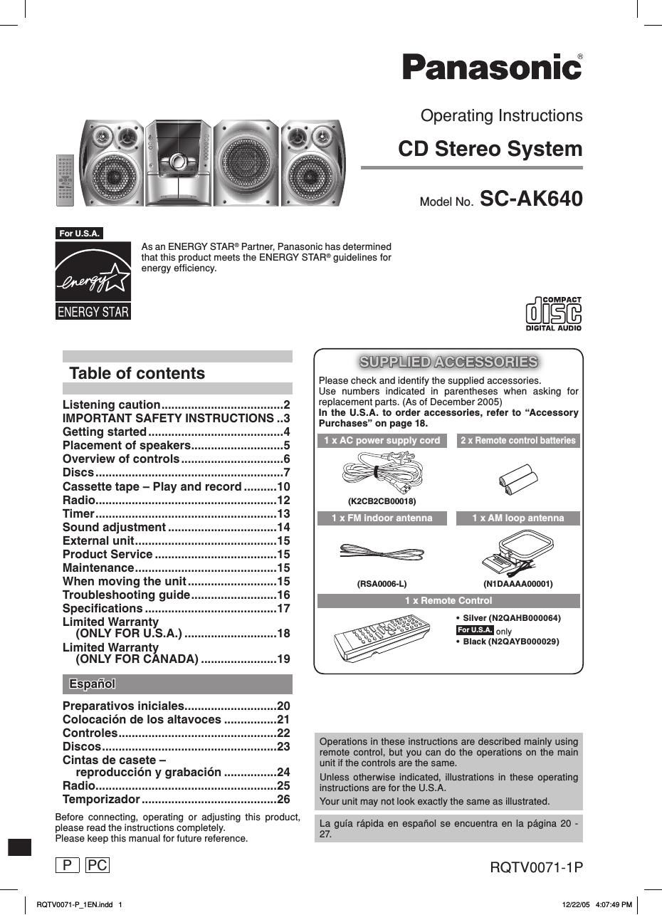 panasonic sa ak 640 owners manual