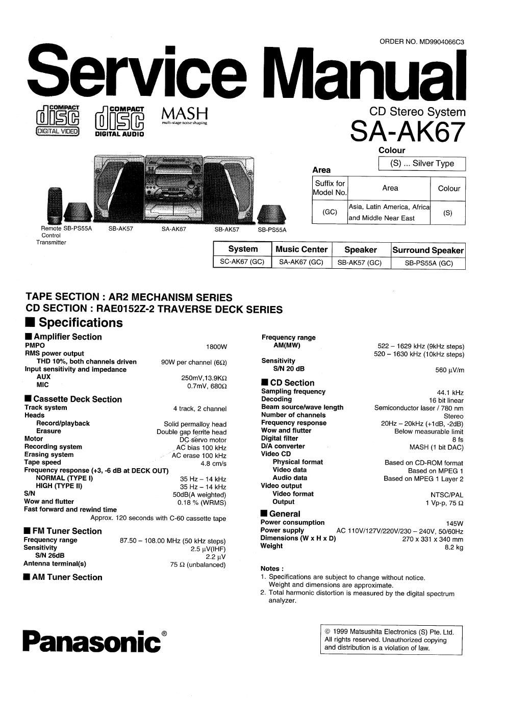 panasonic sa ak 67 service manual