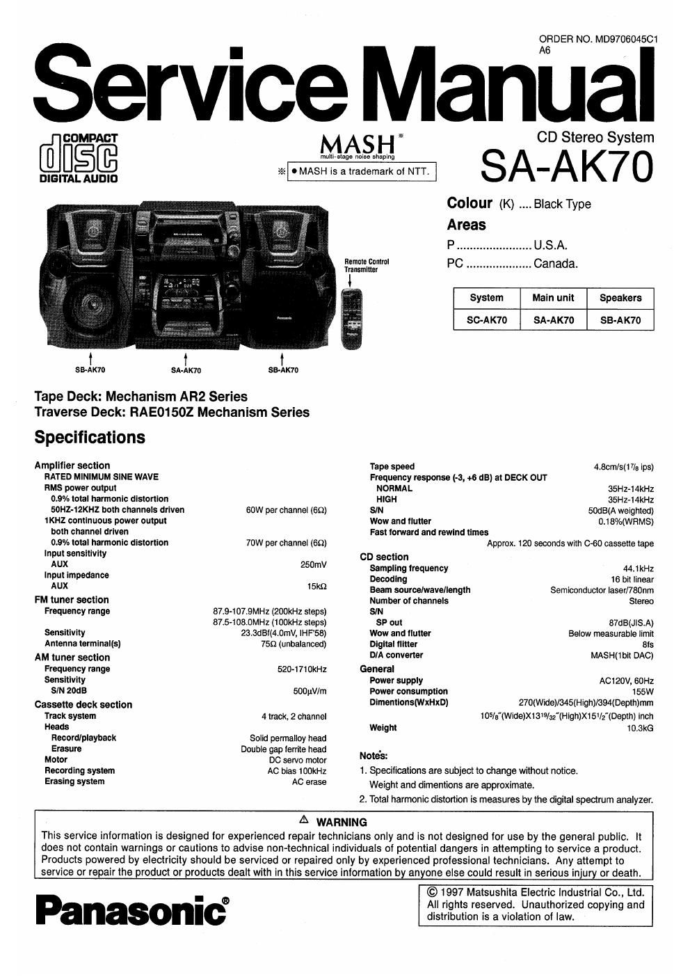 panasonic sa ak 70 service manual