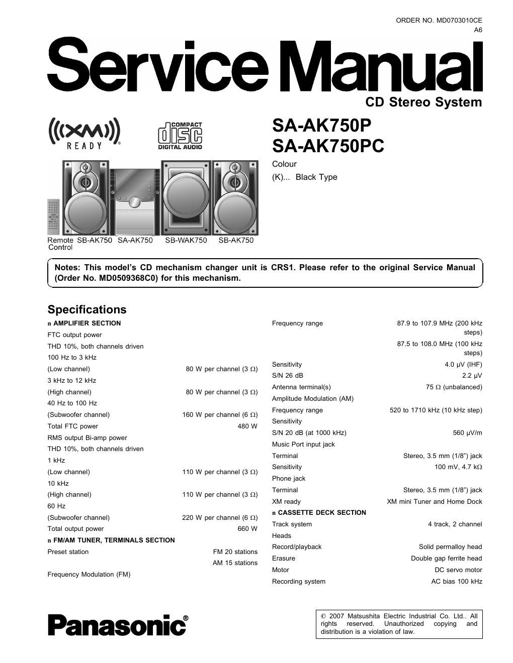 panasonic sa ak 750 p service manual