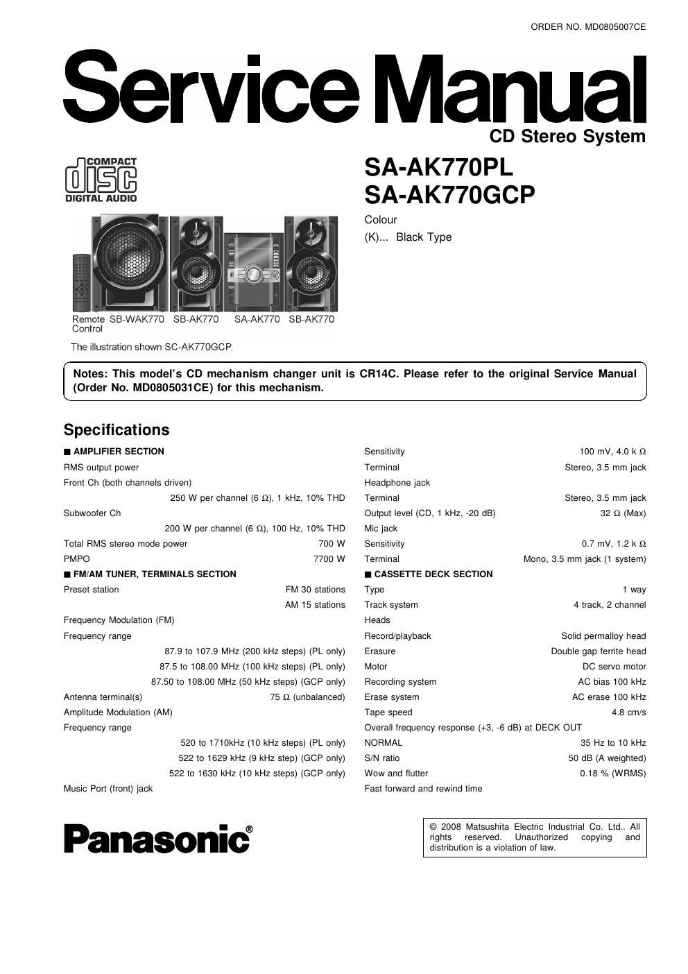 panasonic sa ak 770 gcp service manual