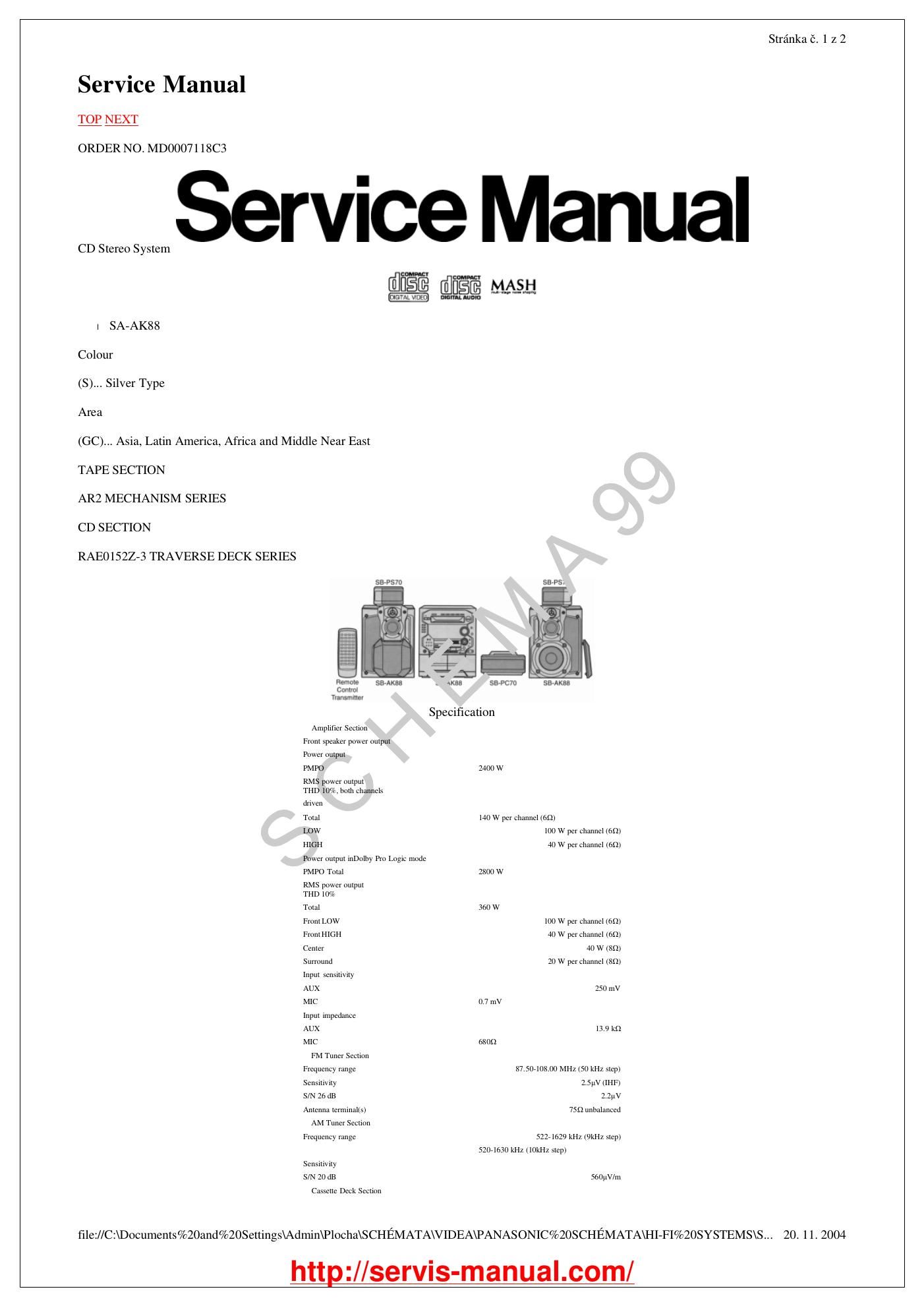 panasonic sa ak 88 service manual