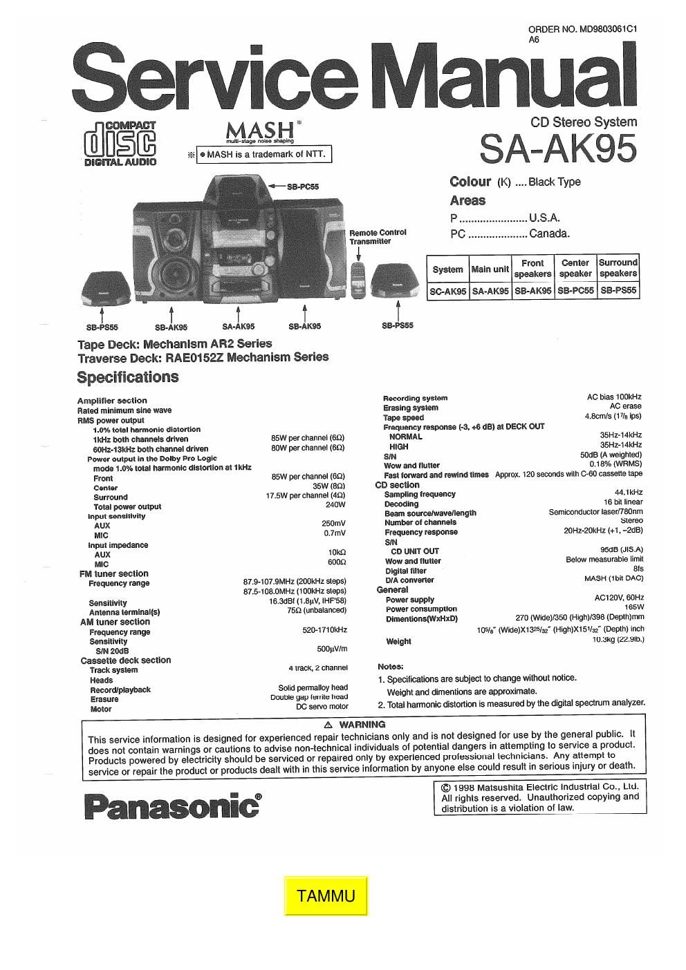 panasonic sa ak 95 service manual