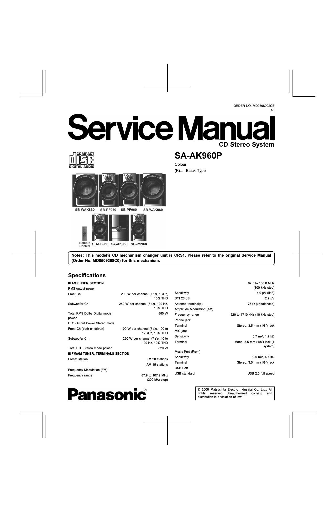 panasonic sa ak 960 p service manual