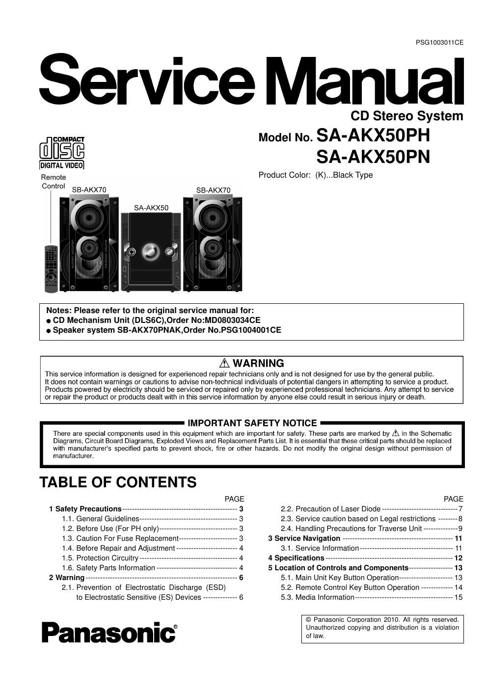 panasonic sa akx 50 ph service manual