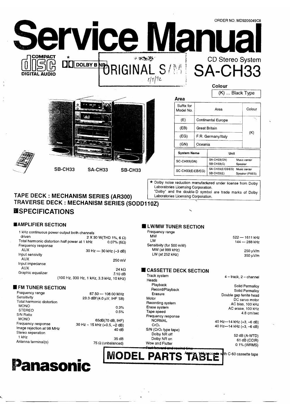 panasonic sa ch 33 service manual