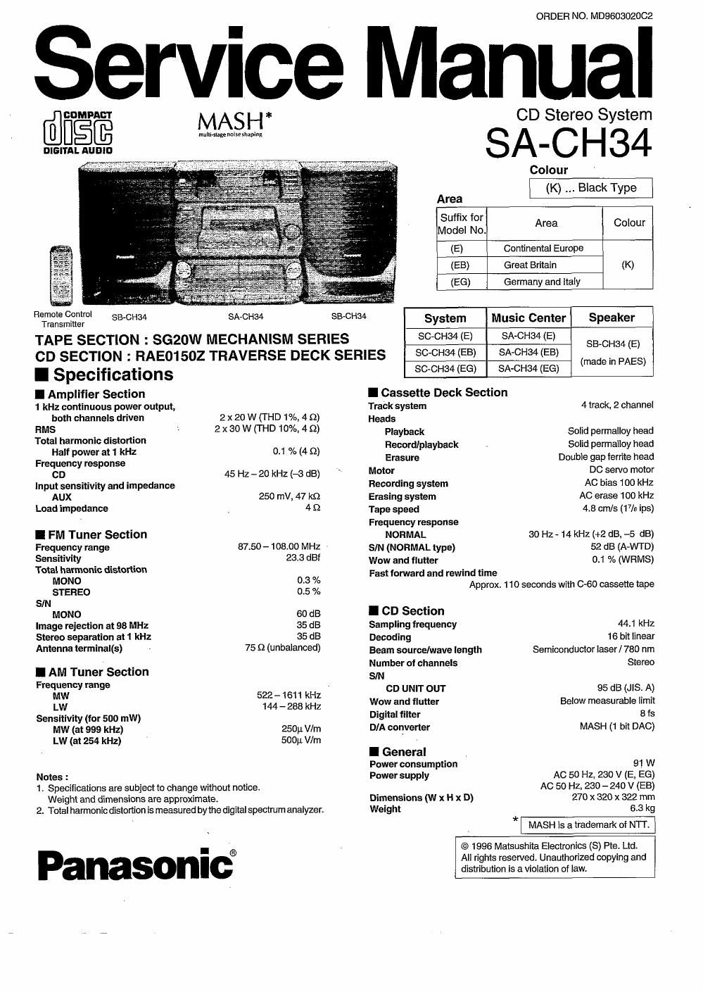 panasonic sa ch 34 service manual