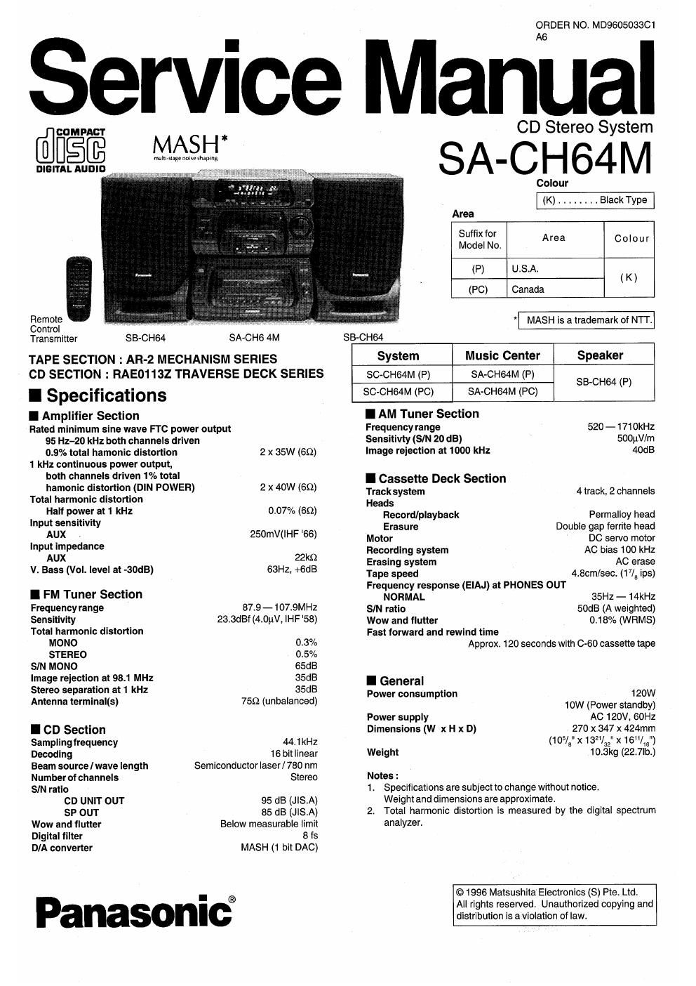 panasonic sa ch 64 m service manual