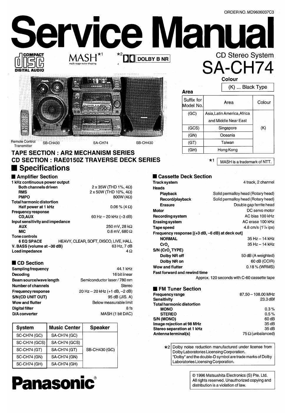 panasonic sa ch 74 service manual