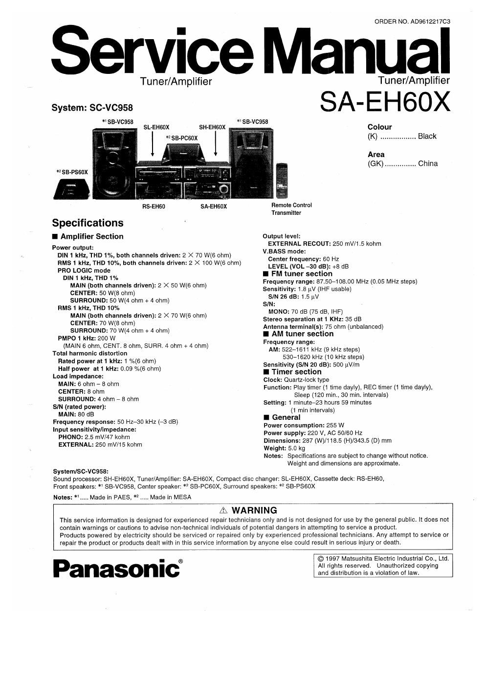 panasonic sa eh 60 x service manual