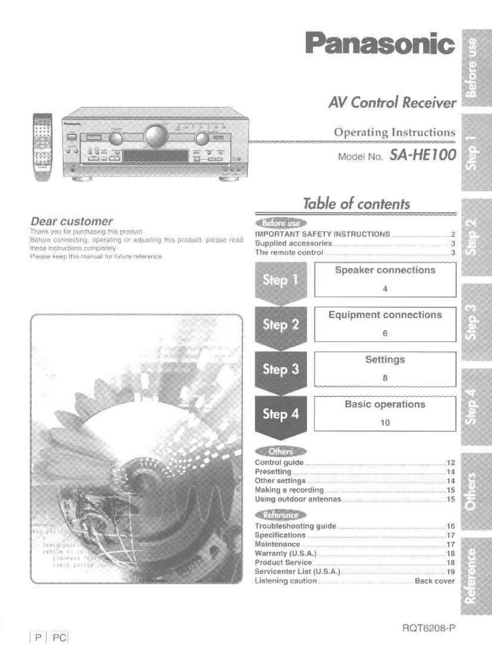 panasonic sa he 100 owners manual