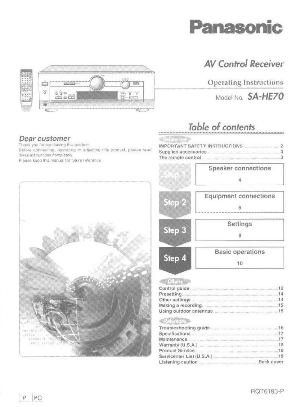 panasonic sa he 70 owners manual