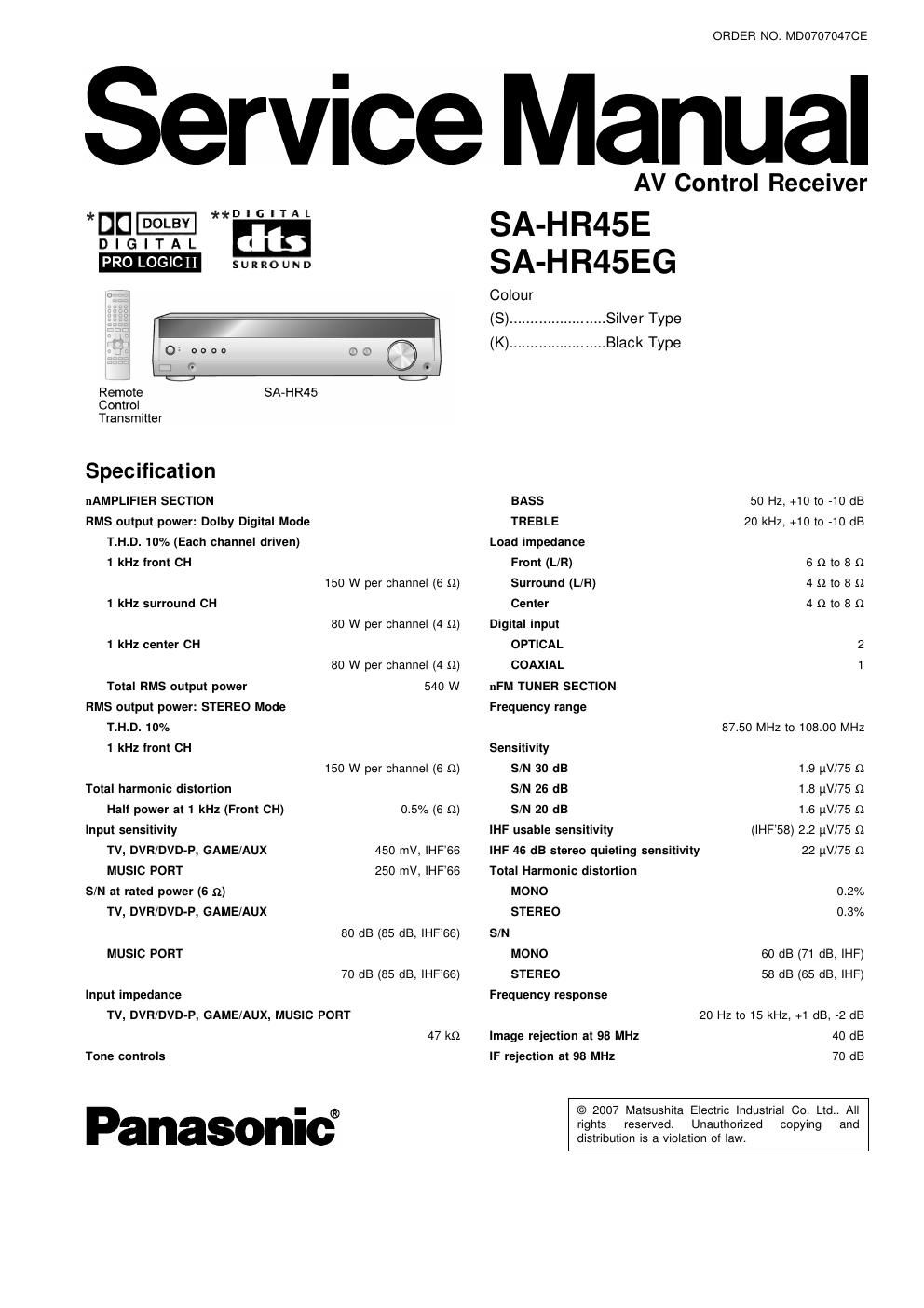 panasonic sa hr 45 e service manual