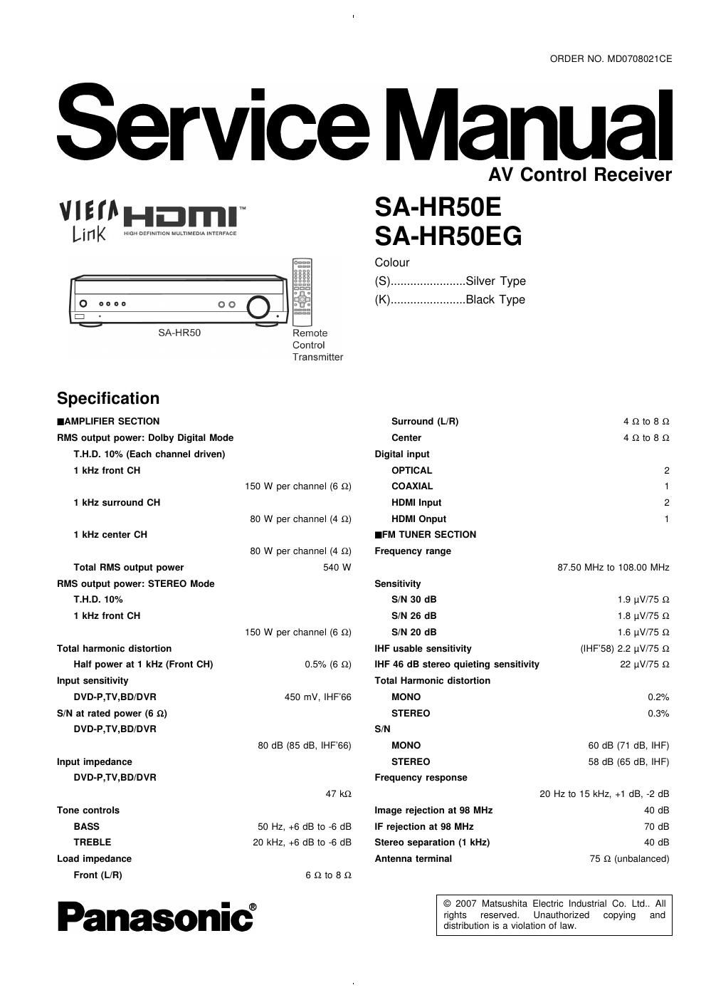 panasonic sa hr 50 e service manual