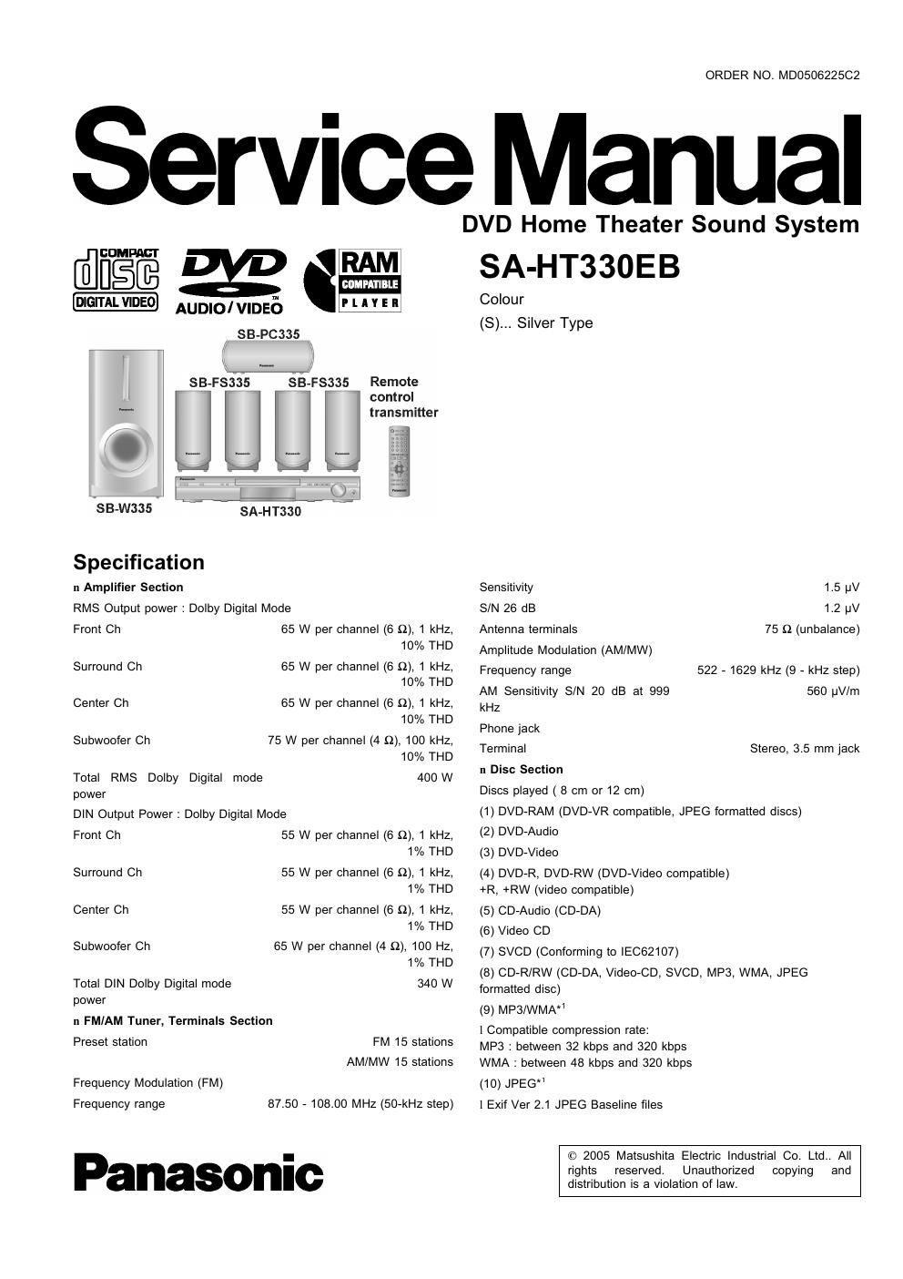 panasonic sa ht 330 eb service manual